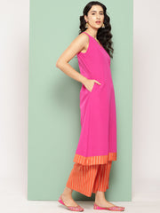 Pink Solid Kurta with Palazzos & Printed Jacket-AHKUJKPZ-COMBO-445-ICH