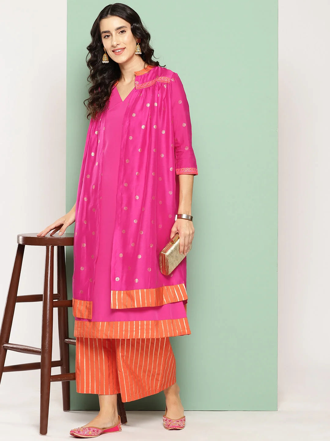 Pink Kurta and Palazzo Set with Jacket - Women's Ethnic Wear