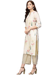 Beige Printed Straight Kurta For Women-AHKUMSDP-806