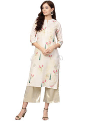 Beige Printed Straight Kurta For Women-AHKUMSDP-806