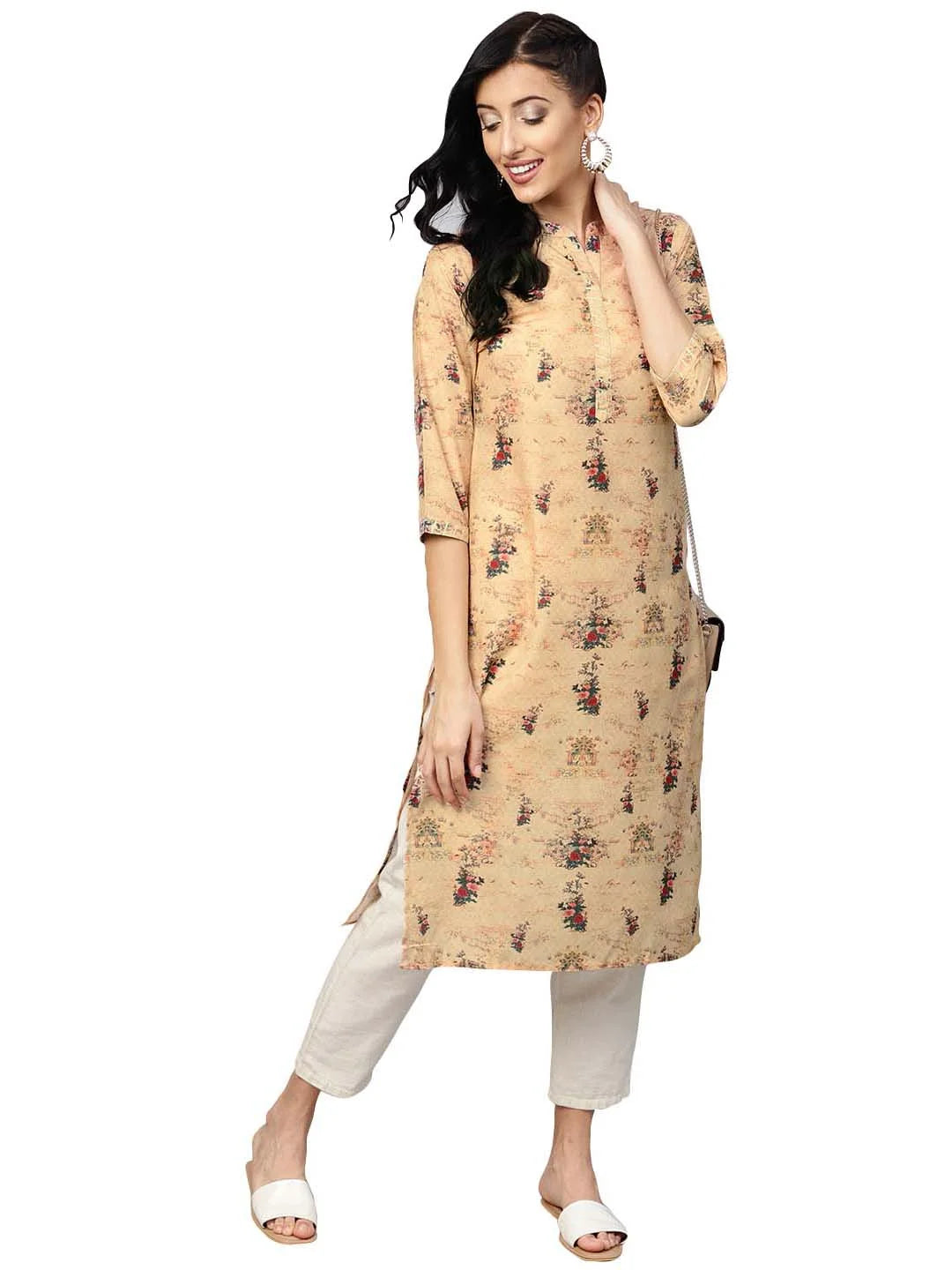 Beige Printed Straight Indian Kurtis for Women - Shop Now!