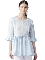 Blue & White Checked A-Line Top-AHKUMSRG-849