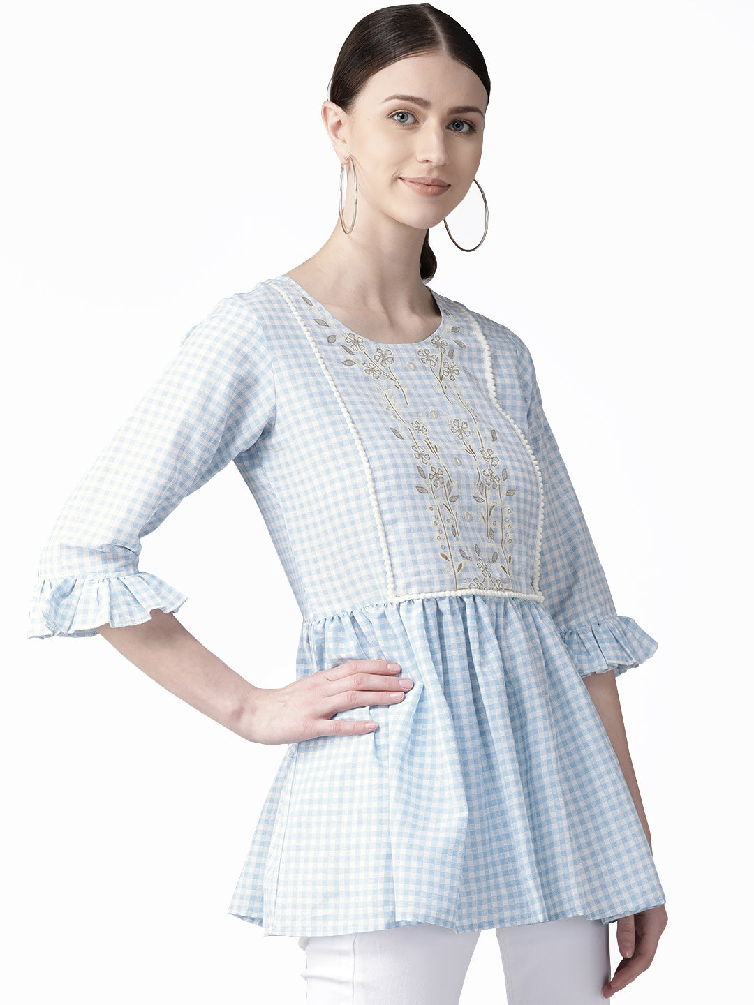 Blue & White Checked Tunic Top - Women's Indian Kurta Online