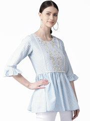 Blue & White Checked A-Line Top-AHKUMSRG-849