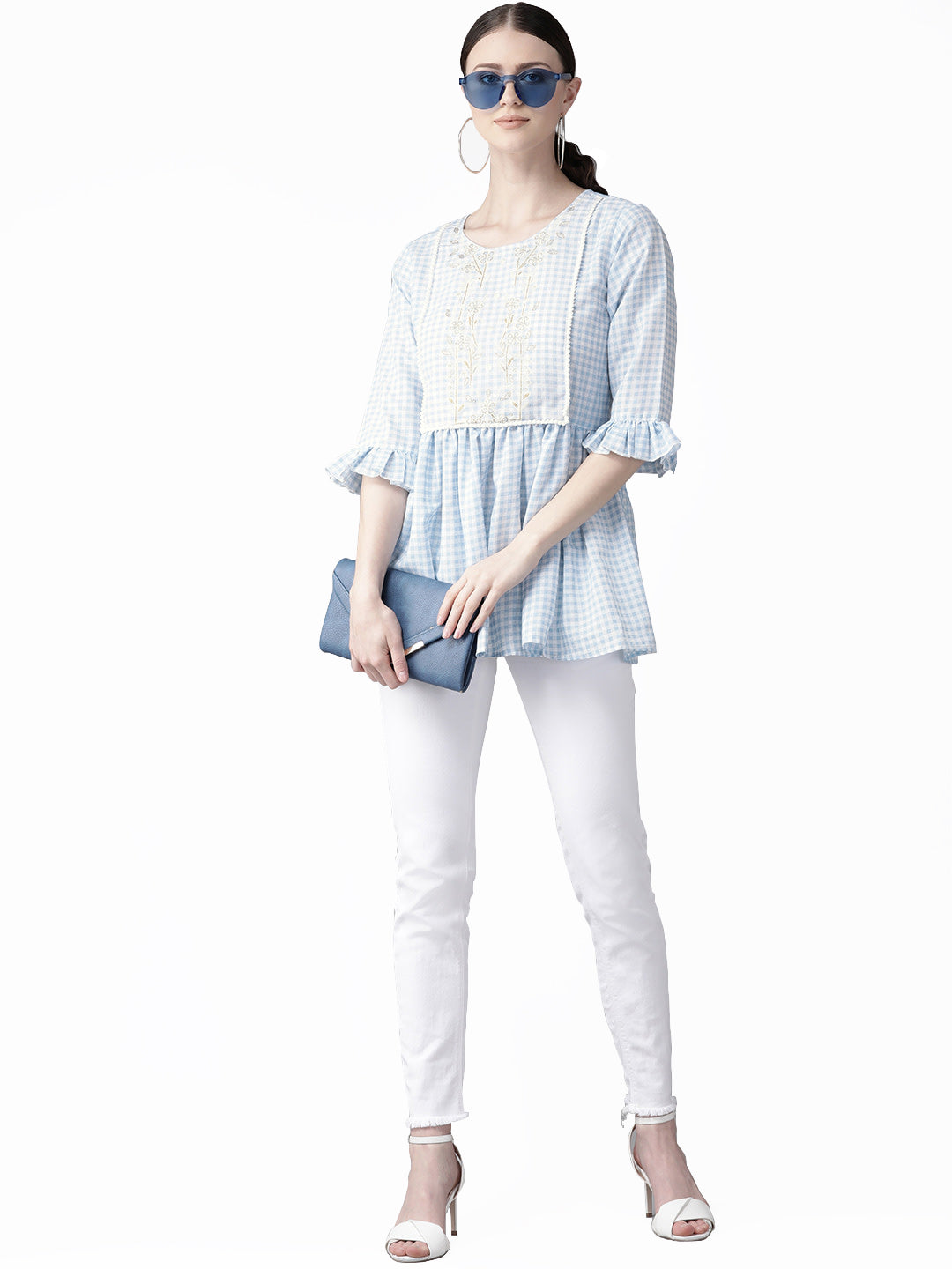Blue & White Checked Tunic Top - Women's Indian Kurta Online