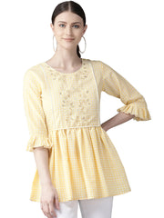 Yellow & White Checked A-Line Top-AHKUMSRG-850