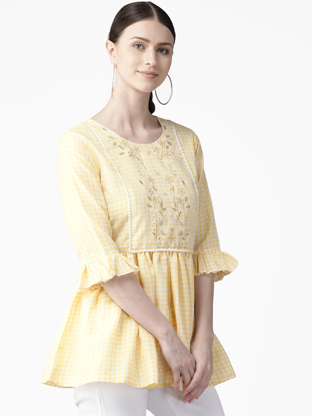 Yellow & White Checked Top - Modern Indian Kurtis for Women