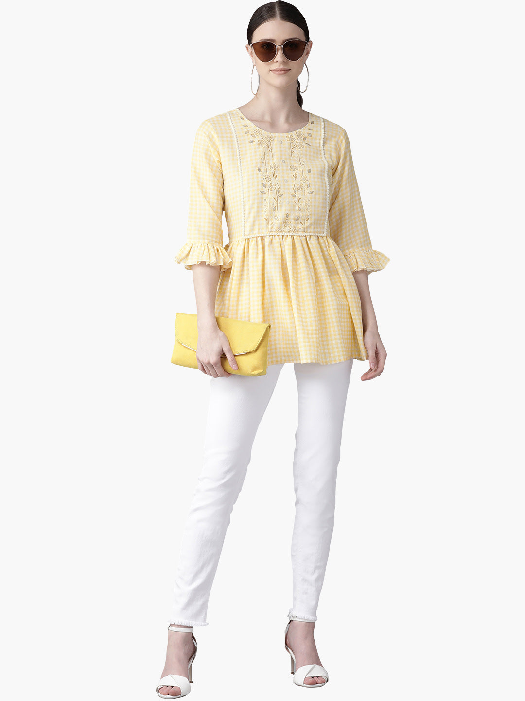 Yellow & White Checked Top - Modern Indian Kurtis for Women