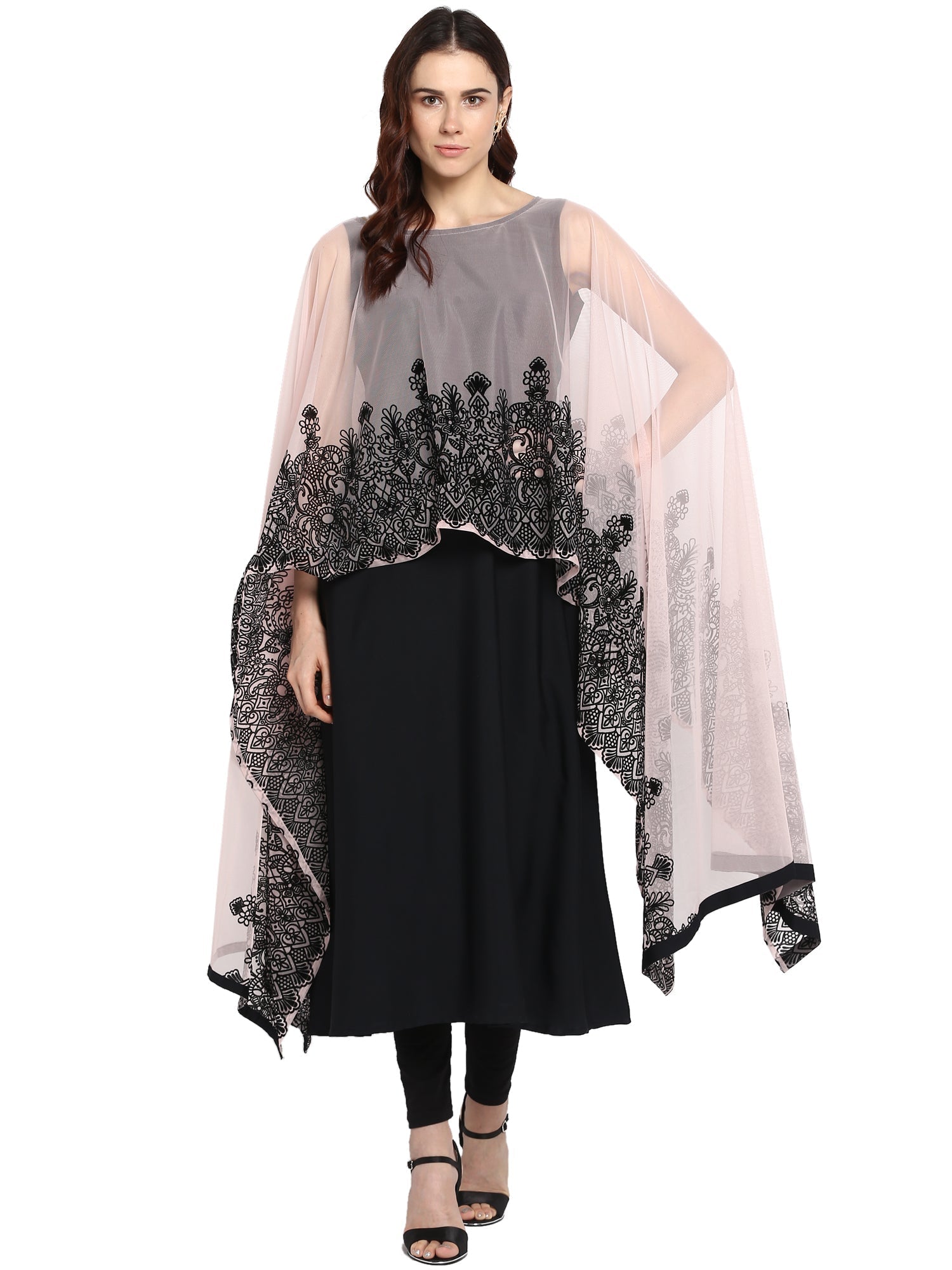 Embellished A-Line Indian Kurta for Women - Black & Pink