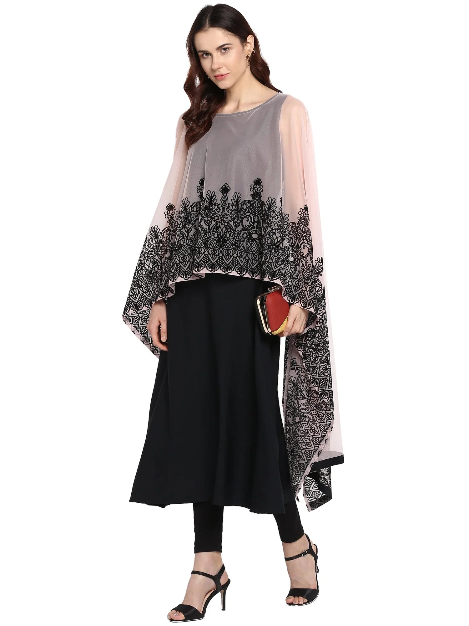 Embellished A-Line Indian Kurta for Women - Black & Pink