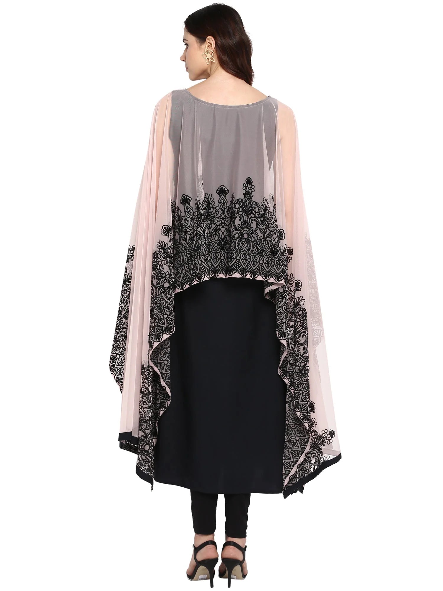 Embellished A-Line Indian Kurta for Women - Black & Pink