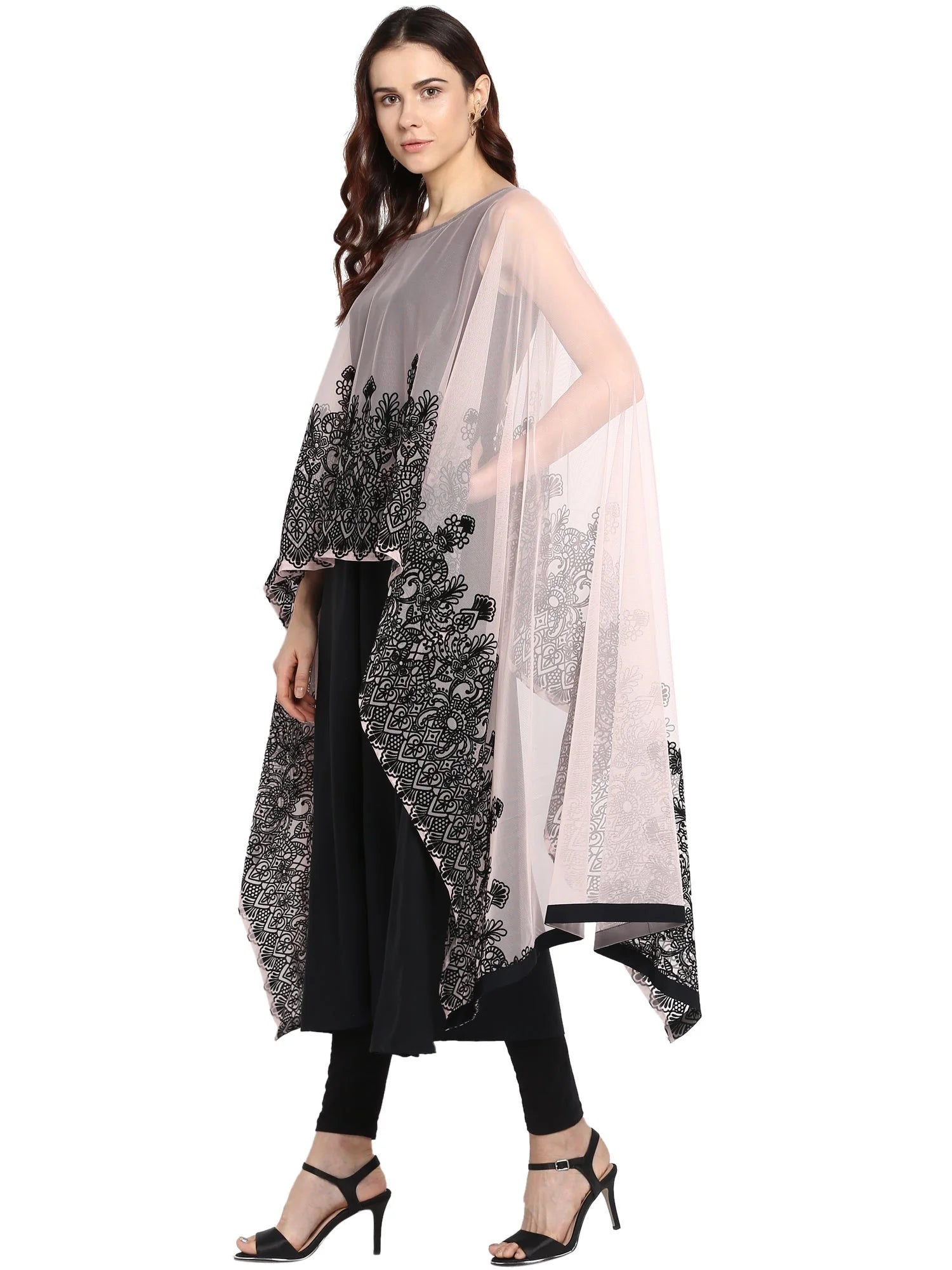 Embellished A-Line Indian Kurta for Women - Black & Pink