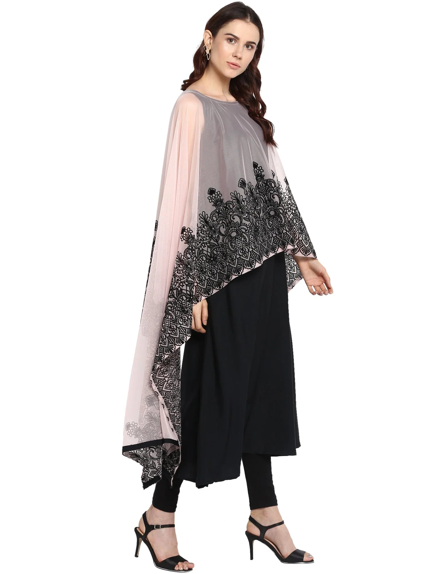 Embellished A-Line Indian Kurta for Women - Black & Pink