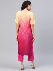 Pink & Golden Ombre Dyed Printed Kurta with Trousers-AHKUPN-COMBO-312