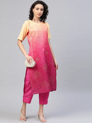 Pink & Golden Ombre Dyed Printed Kurta with Trousers-AHKUPN-COMBO-312