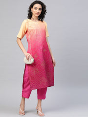 Pink & Golden Ombre Dyed Printed Kurta with Trousers-AHKUPN-COMBO-312