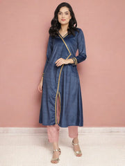 Navy Solid Velvet Angrakha Kurta With Gold Printed Pant-AHKUPN-COMBO-414