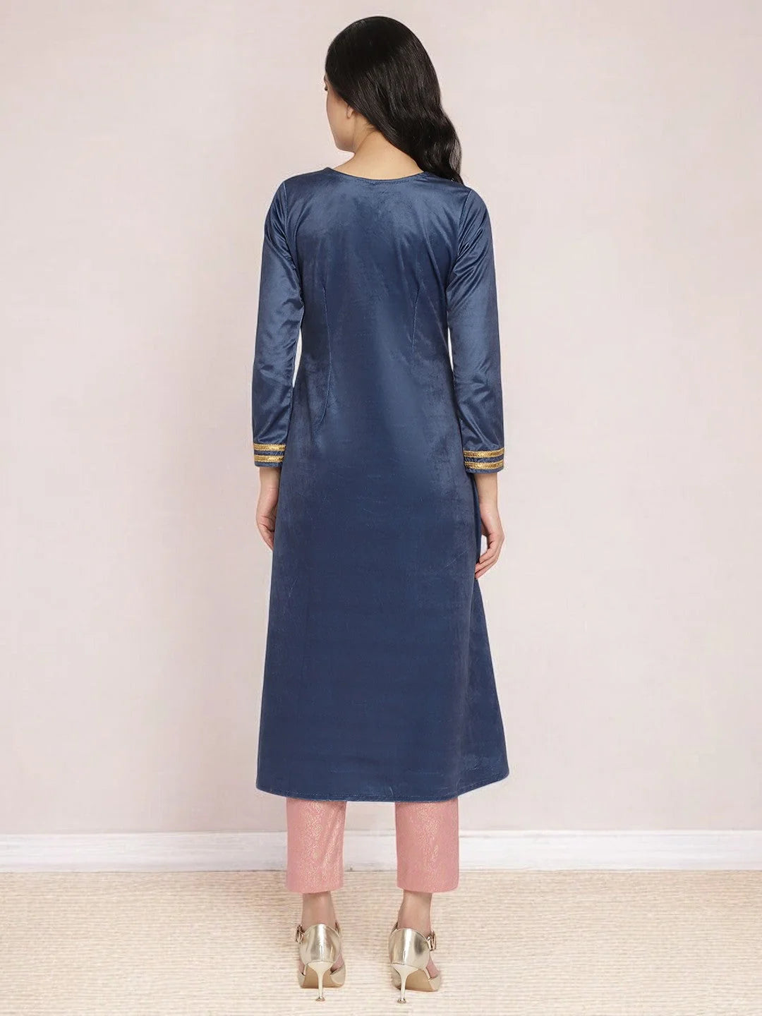 Navy Velvet Angrakha Kurta Set with Gold Print | Women's