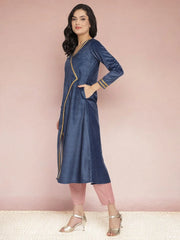 Navy Solid Velvet Angrakha Kurta With Gold Printed Pant-AHKUPN-COMBO-414