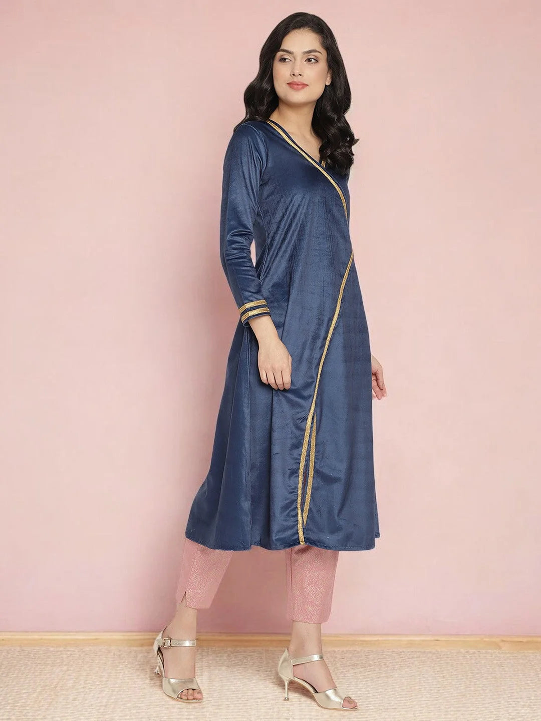 Navy Velvet Angrakha Kurta Set with Gold Print | Women's