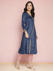 Navy Solid Velvet Angrakha Kurta With Gold Printed Pant-AHKUPN-COMBO-414