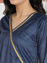 Navy Solid Velvet Angrakha Kurta With Gold Printed Pant-AHKUPN-COMBO-414