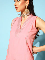 Pink Floral Pure Cotton Top to Toe Fusion Cotton Kurta Set-AHKUPN-COMBO-475-FF