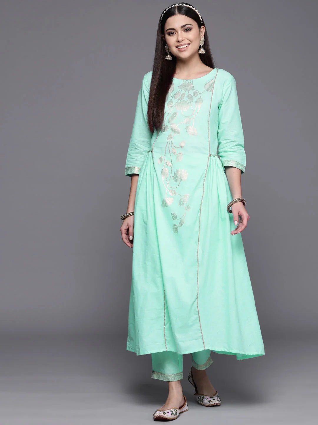 Sea Green Cotton Gold Print Kurta Set | Women's Kurta Sets