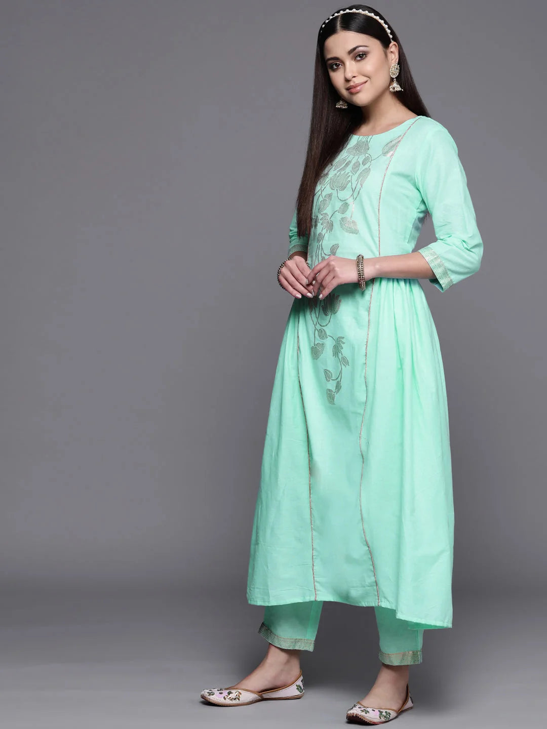 Sea Green Cotton Gold Print Kurta Set | Women's Kurta Sets