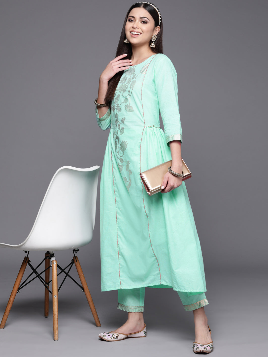 Sea Green Cotton Gold Print Kurta Set | Women's Kurta Sets