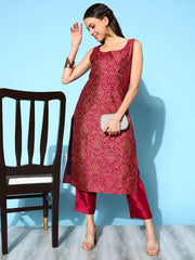 Burgundy Woven Design Sleeveless Kurta-AHKUPSFP-1083