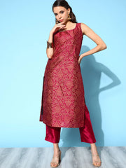 Burgundy Woven Design Sleeveless Kurta-AHKUPSFP-1083