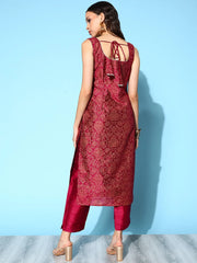 Burgundy Woven Design Sleeveless Kurta-AHKUPSFP-1083