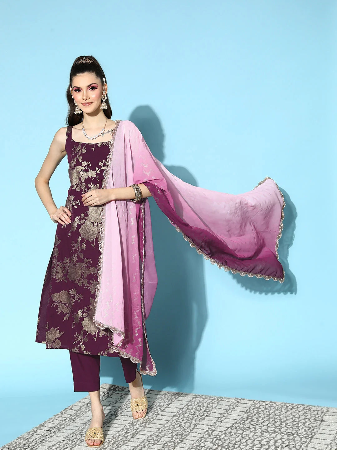 Burgundy Floral Women's Kurta Set | Spaghetti Strap Polyester