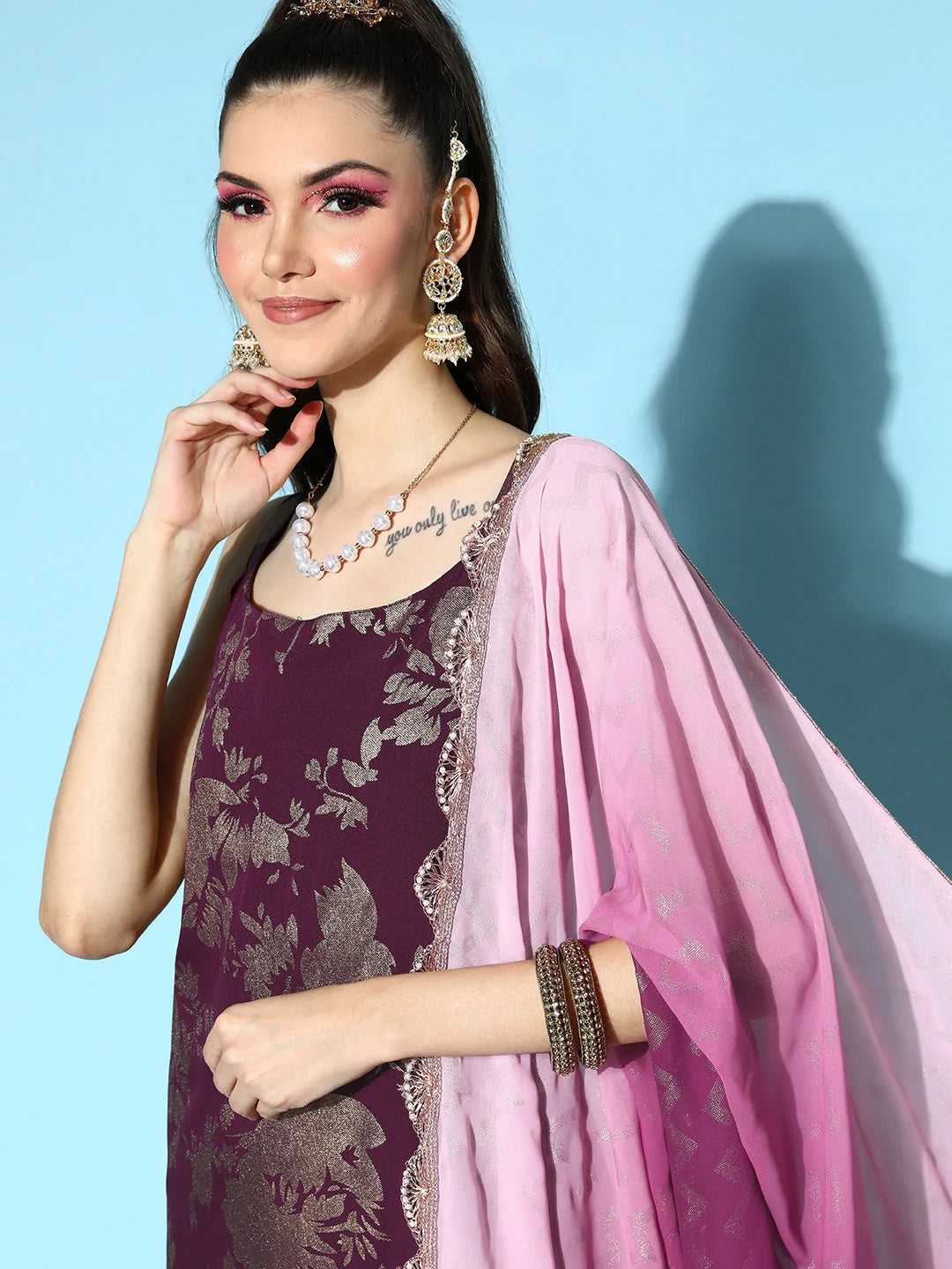 Burgundy Floral Women's Kurta Set | Spaghetti Strap Polyester