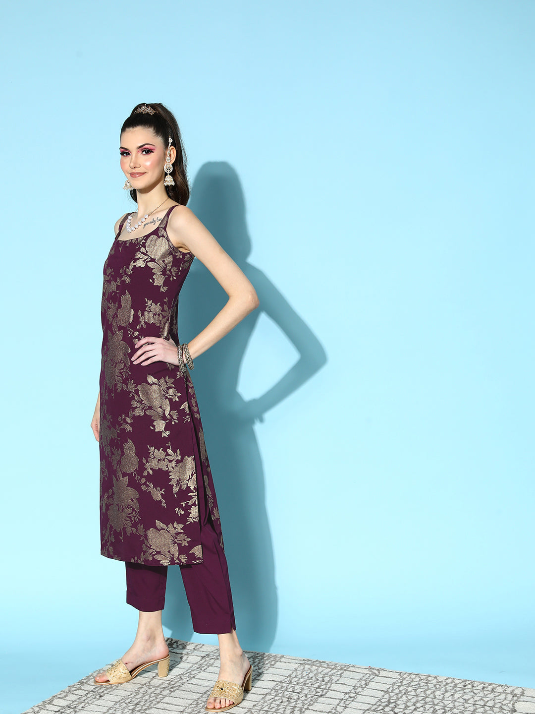Burgundy Floral Women's Kurta Set | Spaghetti Strap Polyester