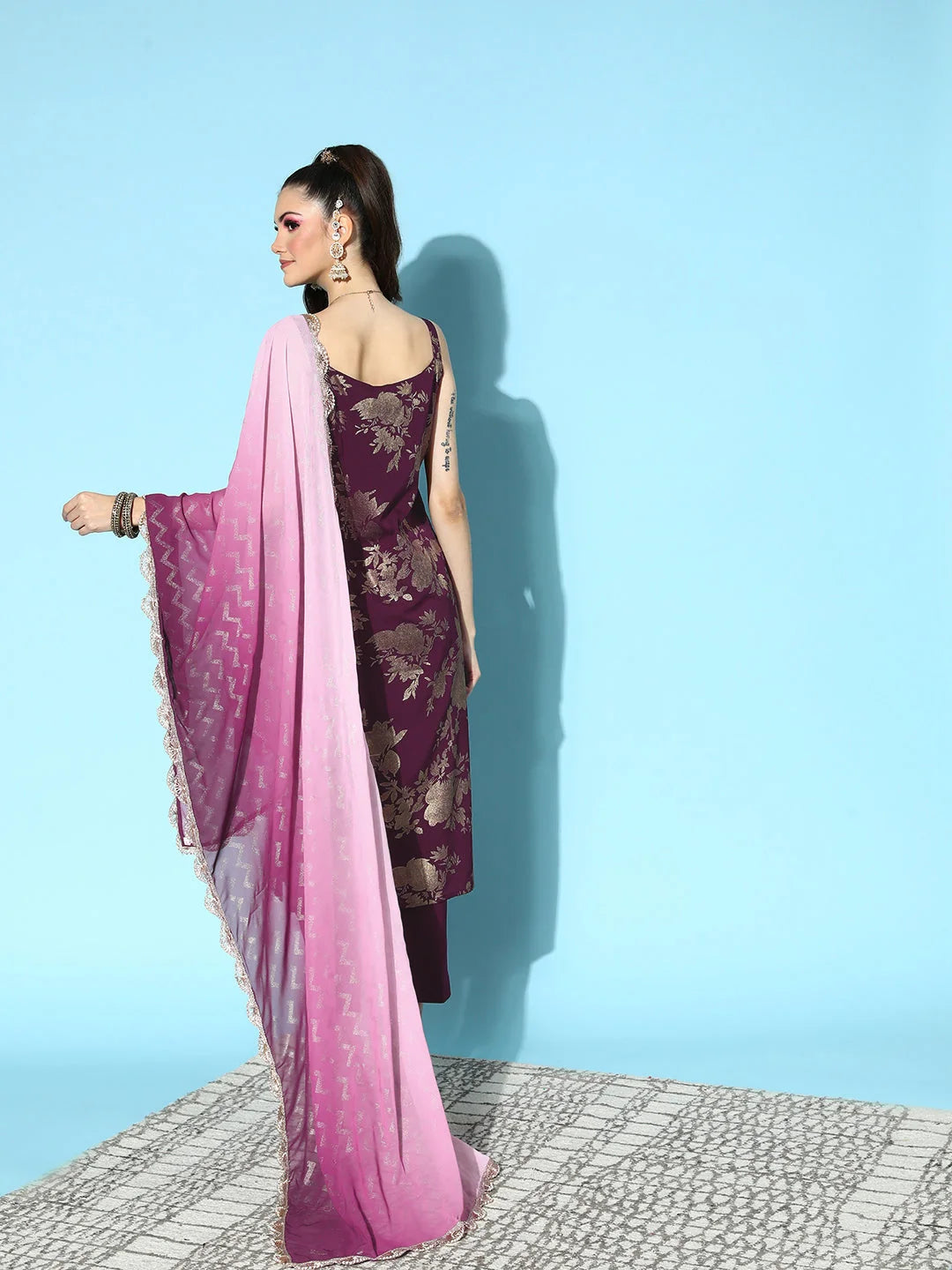 Burgundy Floral Women's Kurta Set | Spaghetti Strap Polyester