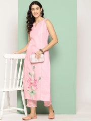 Pink Floral Printed Panelled Gotta Patti Pure Cotton Kurta with Trousers-AHKUPN-COMBO-520-ICH