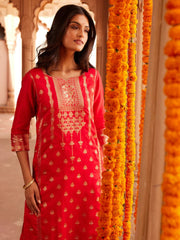 Red Woven Design Kurta with Trousers-AHKUPN-COMBO-563-SW-JCQ