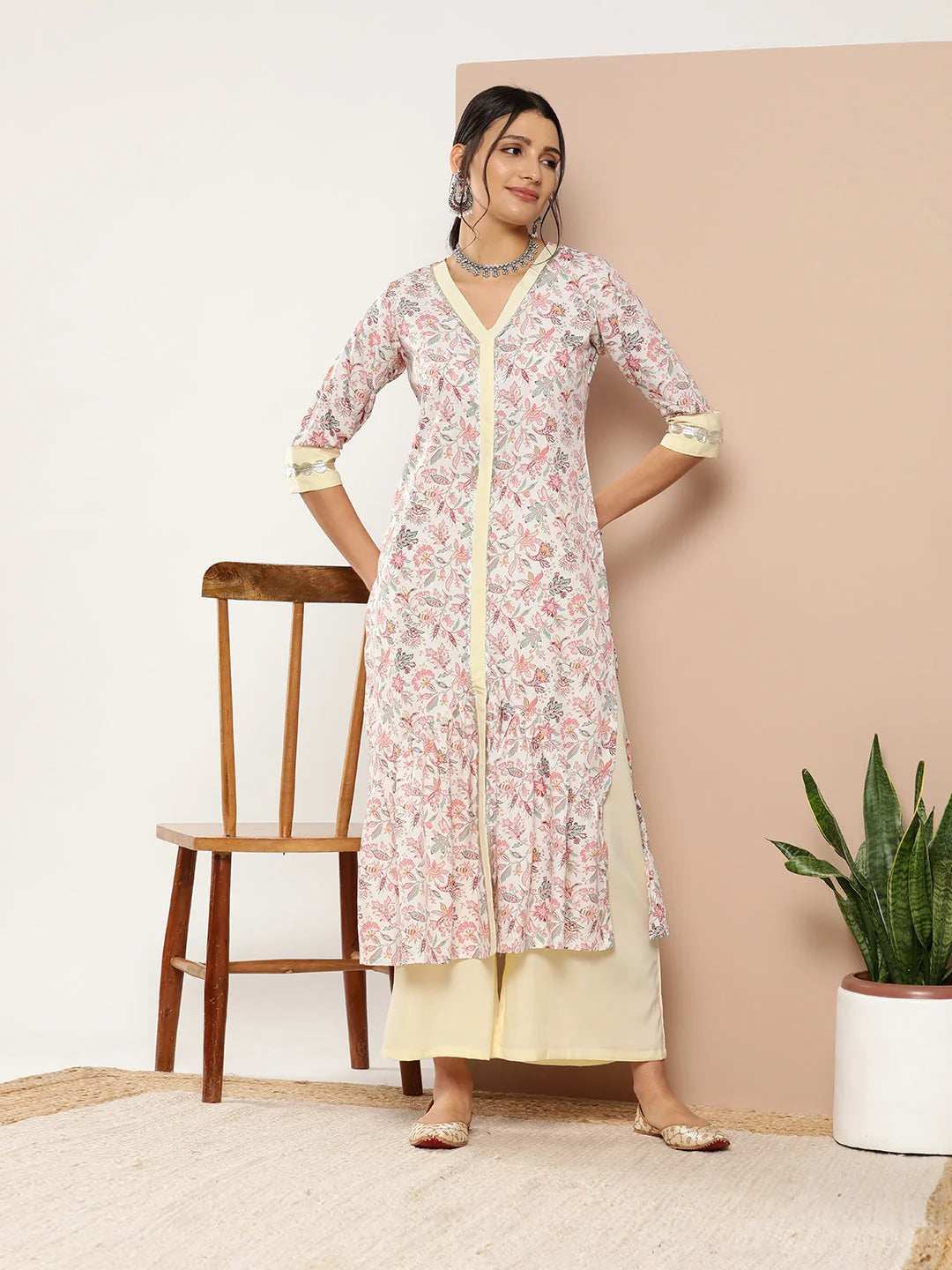Pink Floral Pleated Kurta and Palazzo Set - Gotta Patti