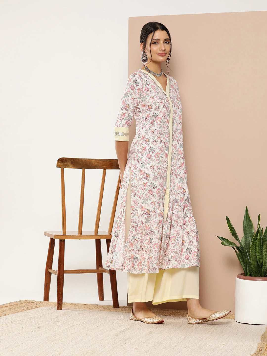Pink Floral Pleated Kurta and Palazzo Set - Gotta Patti