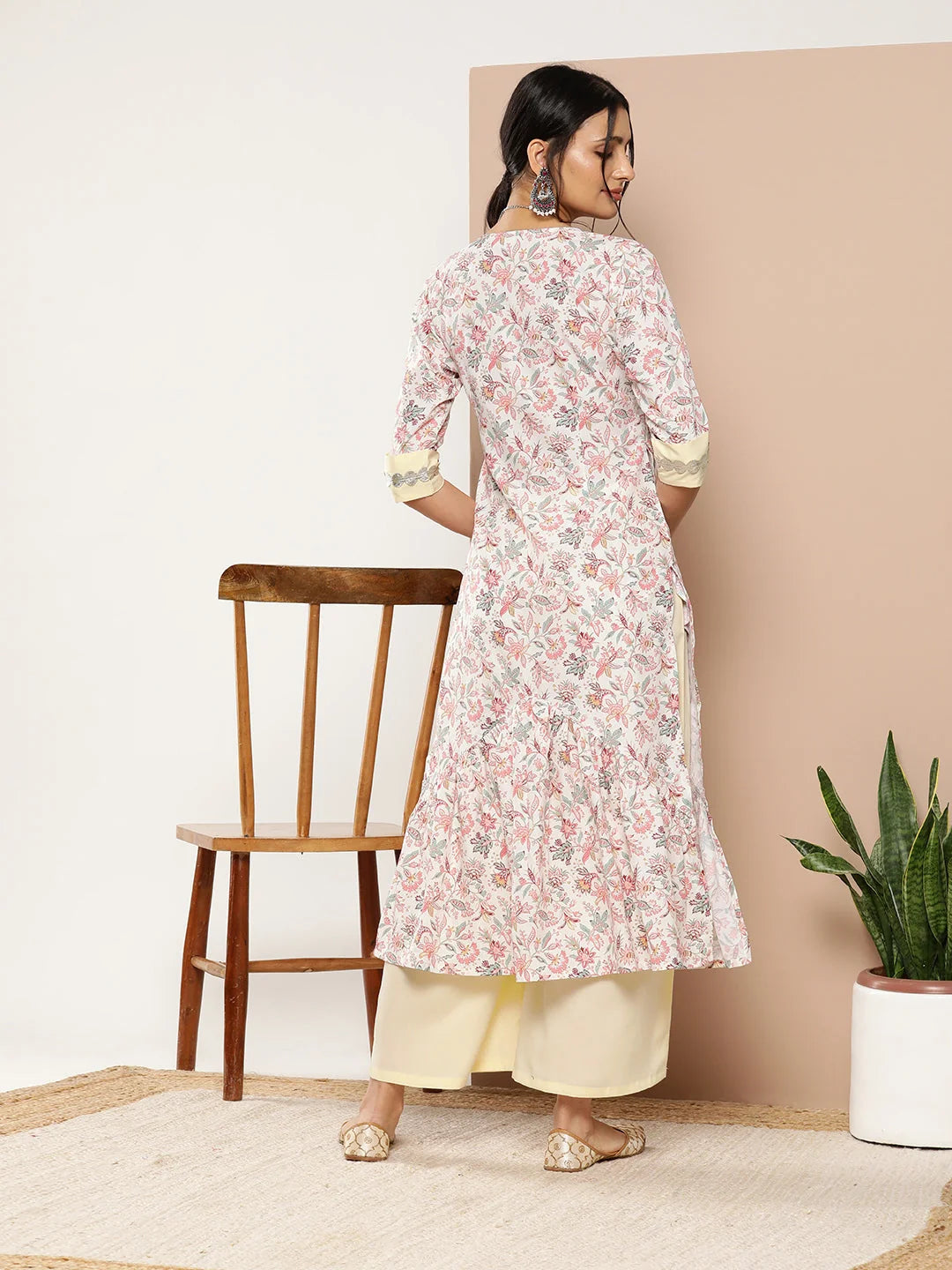 Pink Floral Pleated Kurta and Palazzo Set - Gotta Patti