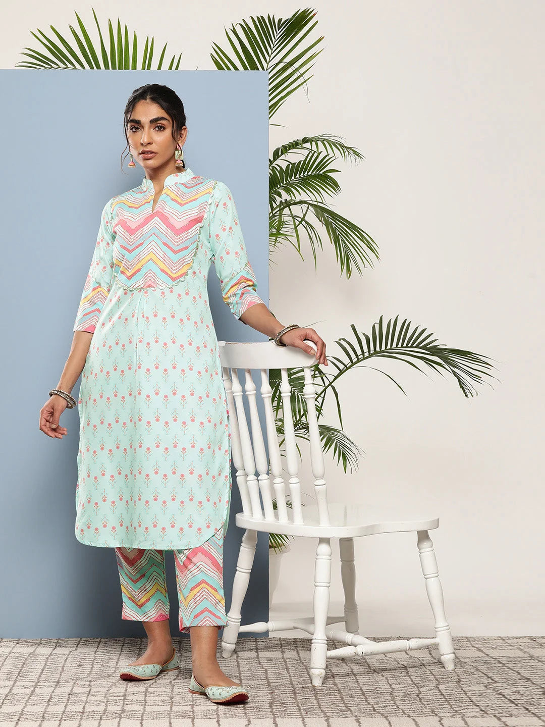 Turquoise Blue Printed Gotta Patti Kurta with Trousers-AHKUPN-COMBO-599