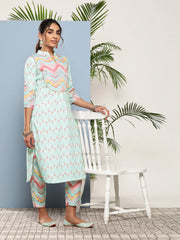 Turquoise Blue Printed Gotta Patti Kurta with Trousers-AHKUPN-COMBO-599