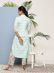 Turquoise Blue Printed Gotta Patti Kurta with Trousers-AHKUPN-COMBO-599