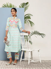 Turquoise Blue Printed Gotta Patti Kurta with Trousers-AHKUPN-COMBO-599