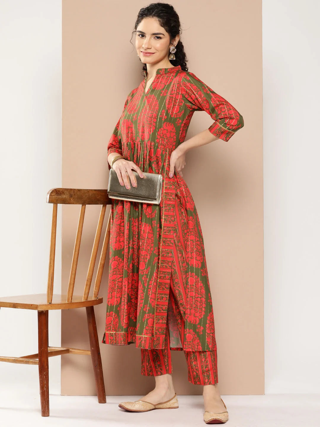 Green Floral Printed Pleated Gotta Patti Kurta with Trousers-AHKUPN-COMBO-685-ICH