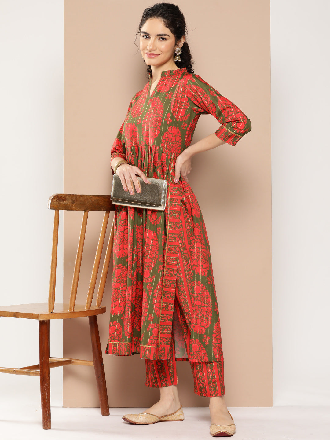 Green Floral Printed Pleated Gotta Patti Kurta with Trousers-AHKUPN-COMBO-685-ICH