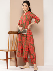 Green Floral Printed Pleated Gotta Patti Kurta with Trousers-AHKUPN-COMBO-685-ICH