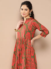 Green Floral Printed Pleated Gotta Patti Kurta with Trousers-AHKUPN-COMBO-685-ICH